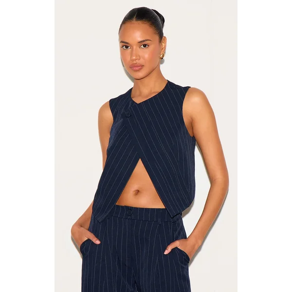 Dark Blue Tailored Woven Stripe Vest