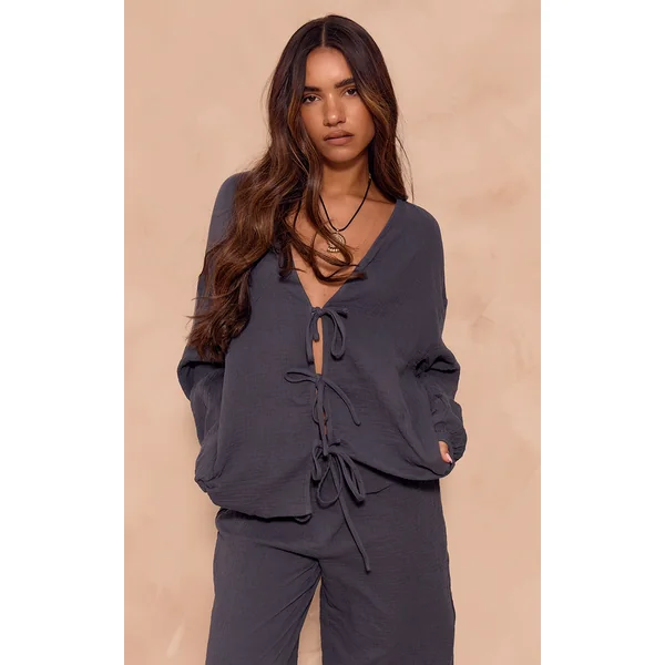 Dark Blue Textured Cheesecloth Tie Front Shirt