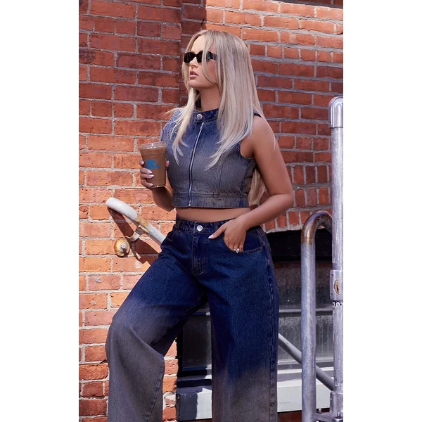 Dark Blue Wash Ombre Motorcross Denim Top