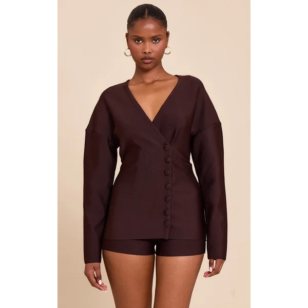Dark Brown Bandage Button Up Cardigan Romper