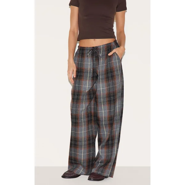 Dark Brown Check Print Drawstring Waist Slouchy Pants