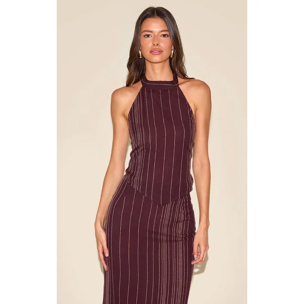 Dark Brown Embroidered Stripe Halterneck Top