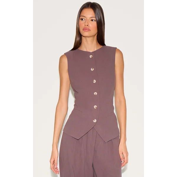 Dark Brown Linen Look Tailored Vest