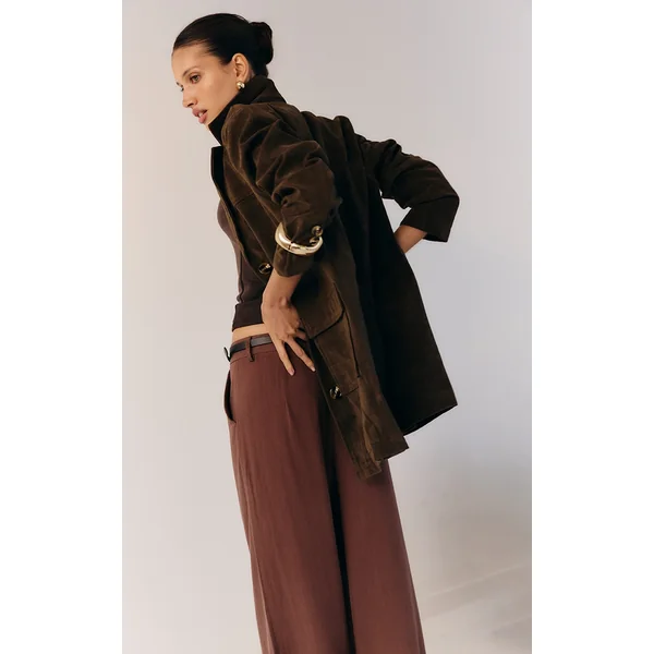 Dark Brown Oversized Longline Faux Suede Blazer Coat