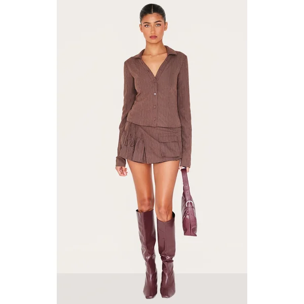 Dark Brown Peach Skin Pinstripe Detail Woven Frill Cargo Detail Skort