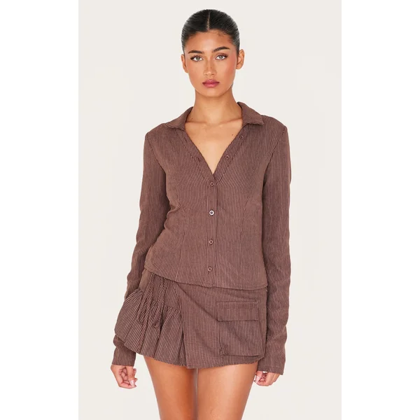 Dark Brown Peach Skin Pinstripe Woven Long Sleeve Cargo Shirt