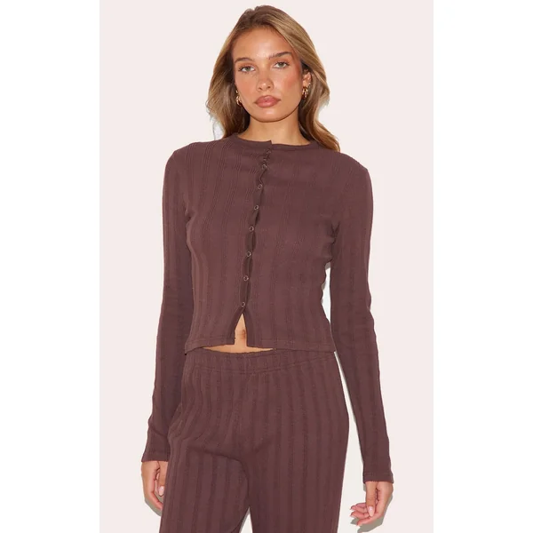 Dark Brown Rib Popper Fitted Long Sleeve Long Top