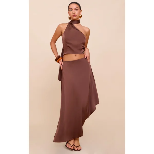 Dark Brown Satin Asymmetric Midi Skirt