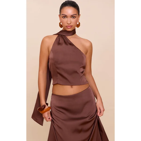 Dark Brown Satin Scarf Detail Crop Top