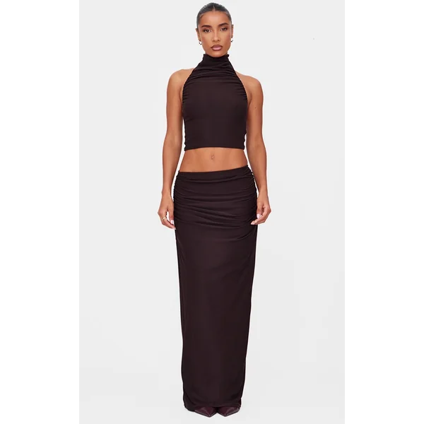 Dark Brown Soft Touch Mid Rise Maxi Skirt