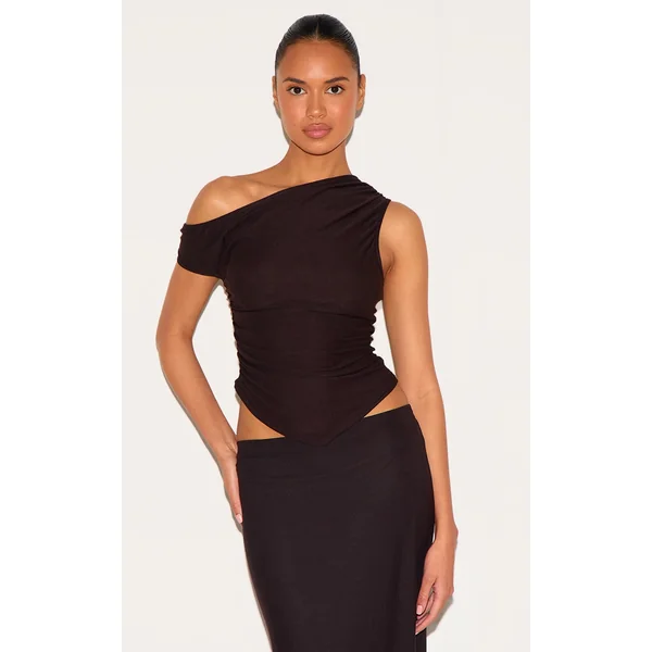 Dark Brown Soft Touch Sleeveless Asymmetric Top