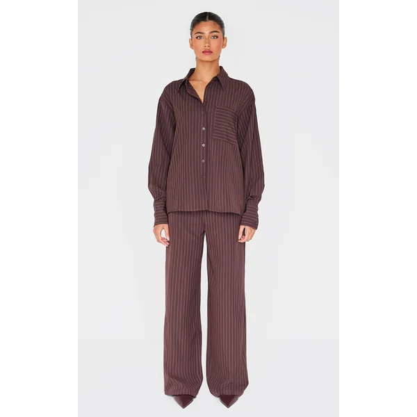 Dark Brown Woven Pinstripe Detail Wide Leg Pants