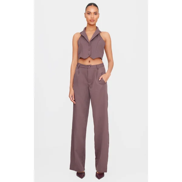 Dark Brown Woven Pleat Detail Wide Leg Pants