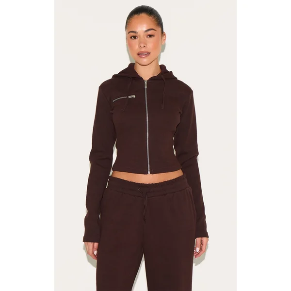 Dark Brown Zip Up Ribbed Track Top