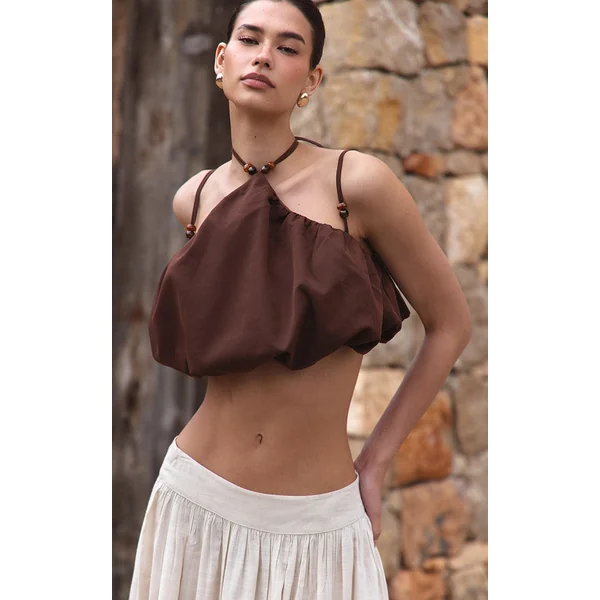 Dark Chocolate Bead Detail Strappy Halterneck Puffball Crop Top