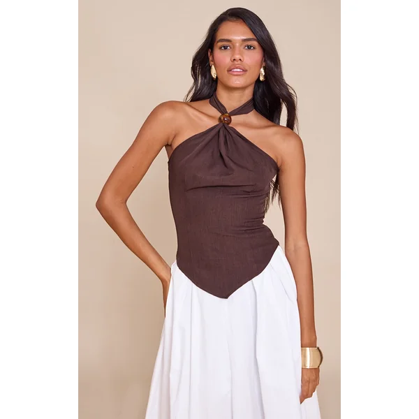 Dark Chocolate Bead Detail Woven Halterneck Top