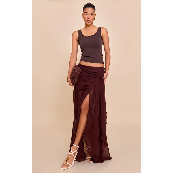 Dark Chocolate Chiffon Lined Tie Front Maxi Skirt
