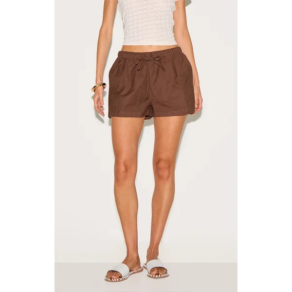 Dark Chocolate Cotton Linen Look Drawstring Floaty Shorts