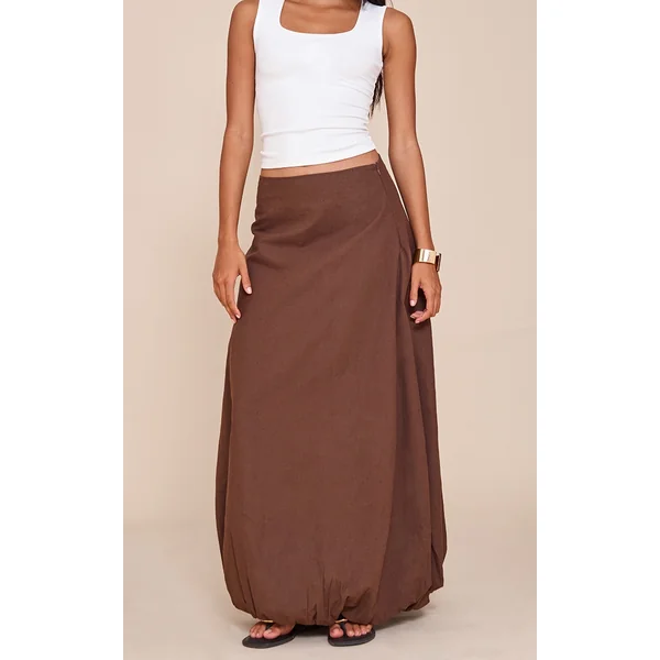 Dark Chocolate Cotton Linen Look Puffball Maxi Skirt