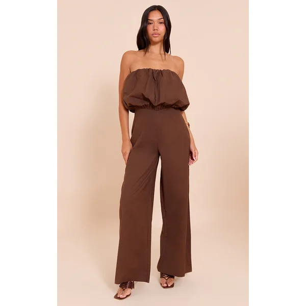 Dark Chocolate Cotton Puffball Bandeau Straight Leg Jumpsuit