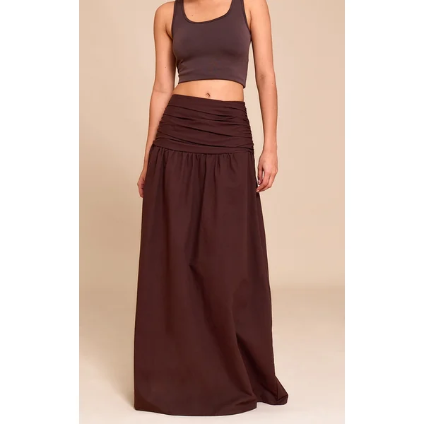 Dark Chocolate Cotton Ruched Waist Maxi Skirt