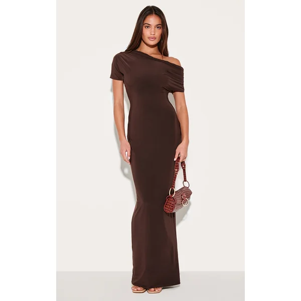 Dark Chocolate Double Layer Slinky Asymmetric Ruched Sleeve Maxi Dress