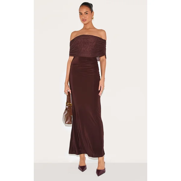 Dark Chocolate Double Layer Slinky Mesh Overlay Maxi Dress