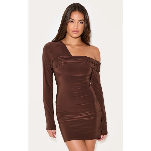 Dark Chocolate Double Layer Slinky Off Shoulder Mini Dress