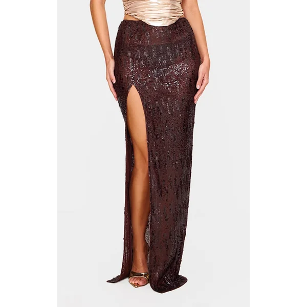 Dark Chocolate Extreme Sequin Split Low Rise Maxi Skirt
