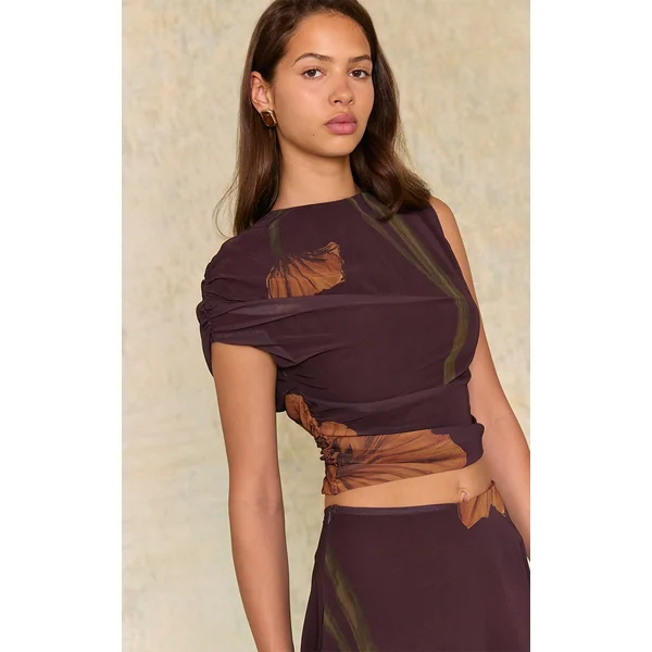 Dark Chocolate Floral Printed Chiffon Asymmetric Top