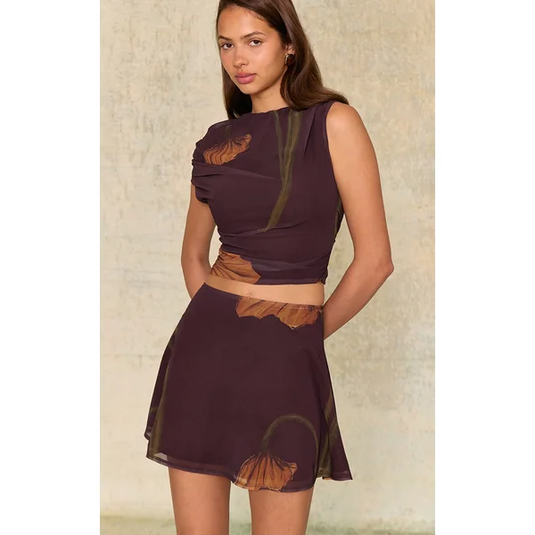 Dark Chocolate Floral Printed Chiffon High Waisted A-line Mini Skirt