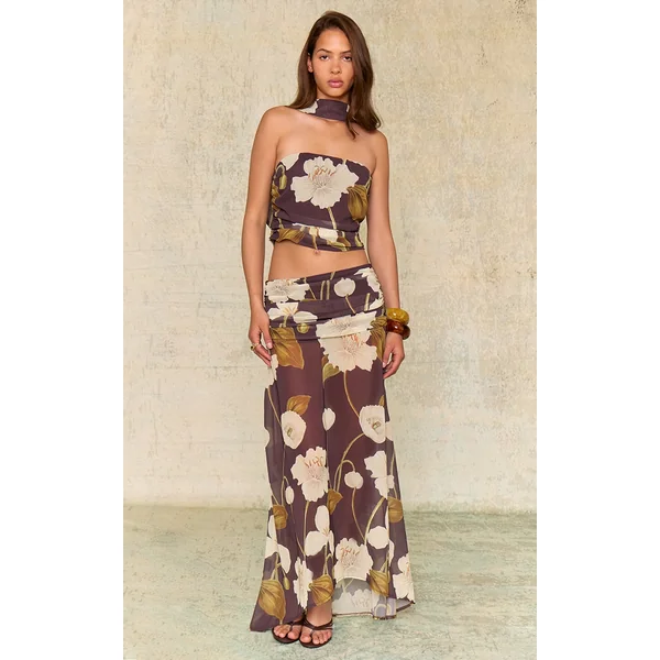 Dark Chocolate Floral Printed Chiffon Ruched Maxi Skirt