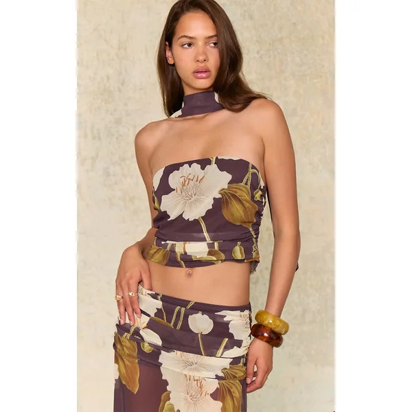 Dark Chocolate Floral Printed Chiffon Scarf Detail Ruched Bandeau Top