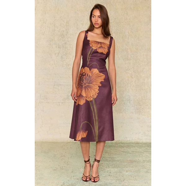 Dark Chocolate Floral Printed Square Neck Midaxi Dress