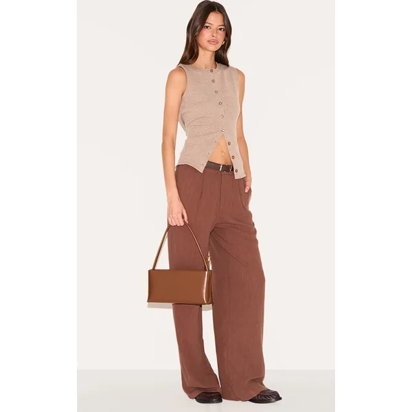 Dark Chocolate Linen Blend Tailored Straight Leg Pants