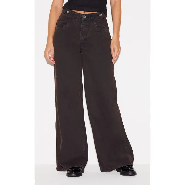 Dark Chocolate Mid Rise Button Waistband Wide Leg Jeans
