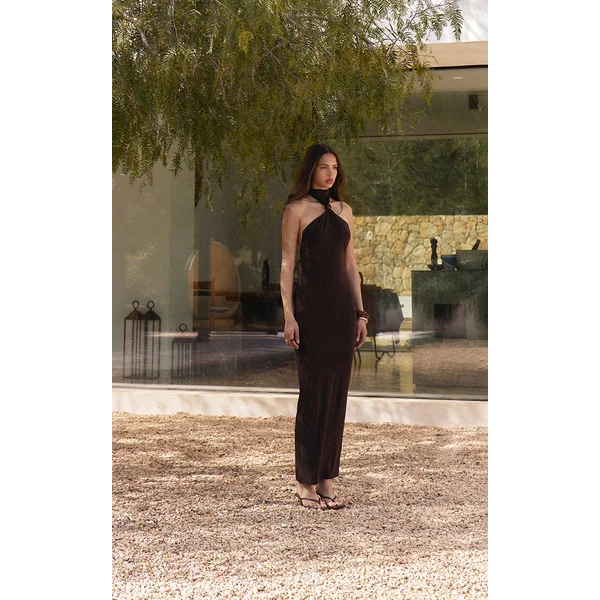Dark Chocolate Slinky Bead Detail Halter Maxi Dress