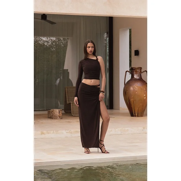 Dark Chocolate Slinky Bead Detail Ruched Maxi Skirt