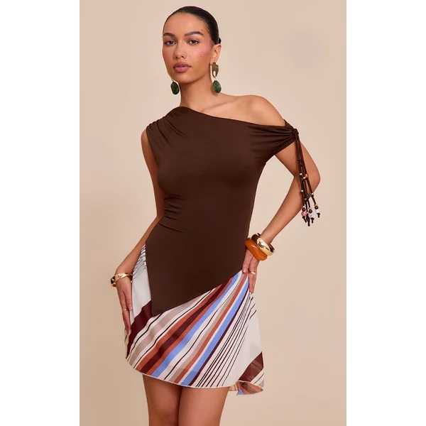 Dark Chocolate Slinky Bead Tassel Detail Asymmetric Long Top