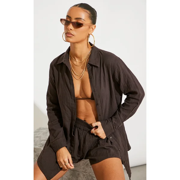 Dark Chocolate Soft Crinkle Oversized Beach Shirt Dress