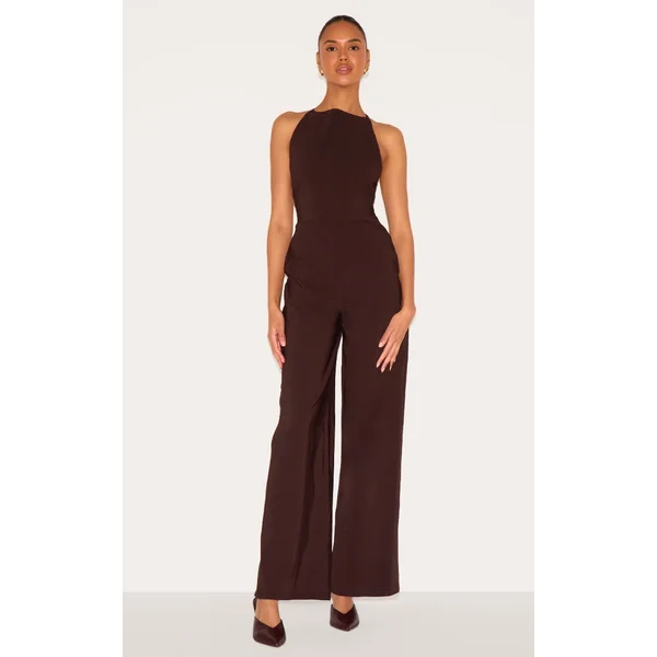 Dark Chocolate Stretch Woven Square Neck Wide Leg Jumpsuit