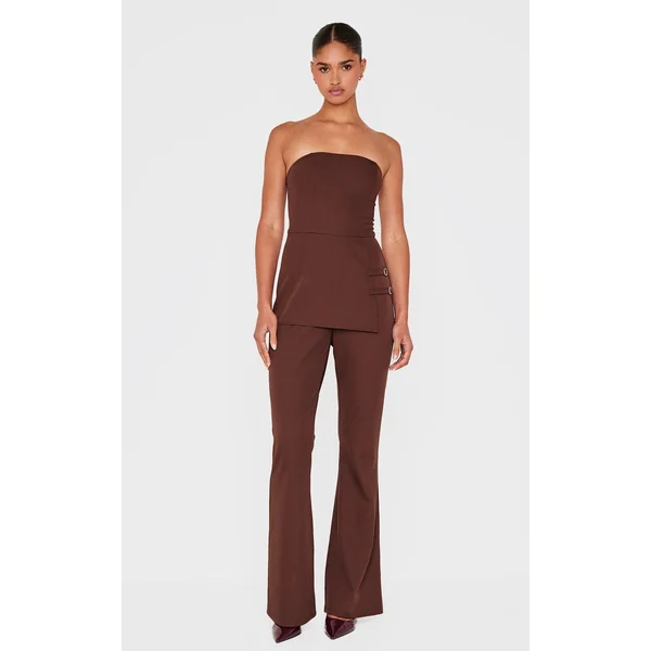 Dark Chocolate Structured Woven Bandeau Belt Detail Straight Leg Jumpsuit