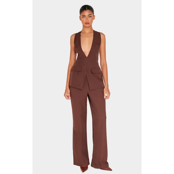Dark Chocolate Structured Woven Vest Detail Straight Leg Jumpsuit