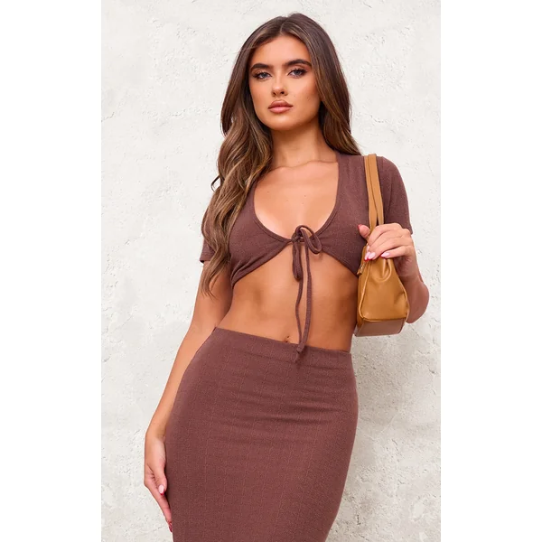 Dark Chocolate Textured Jersey Tie Front Short Sleeve Crop Tops
