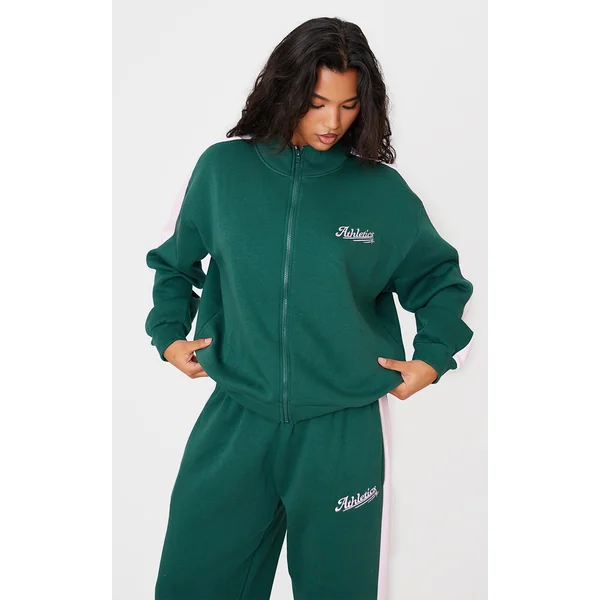 Dark Green Embroidered Athletics Contrast Panel Zip Through Sweatshirt