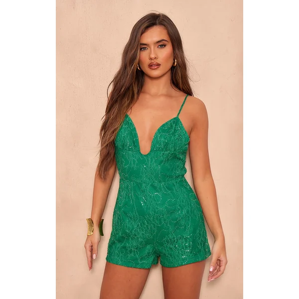 Dark Green Strappy Lace Sequin Romper