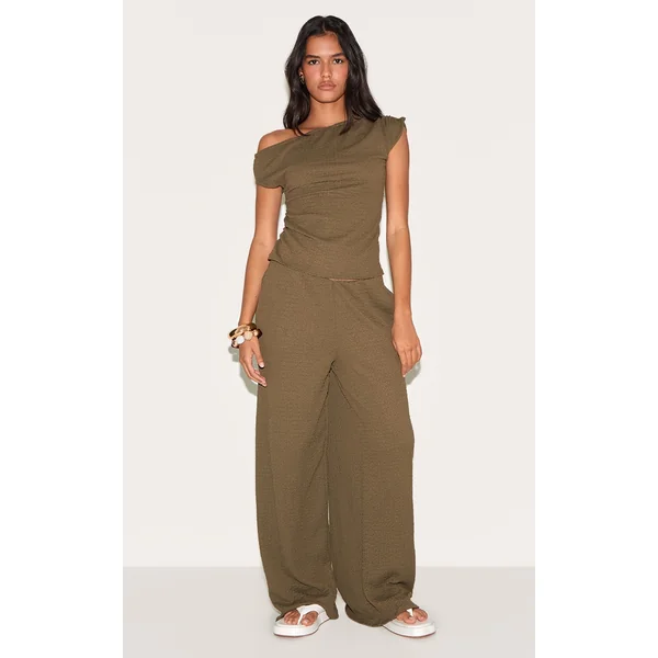 Dark Green Textured Mid Rise Wide Leg Pants
