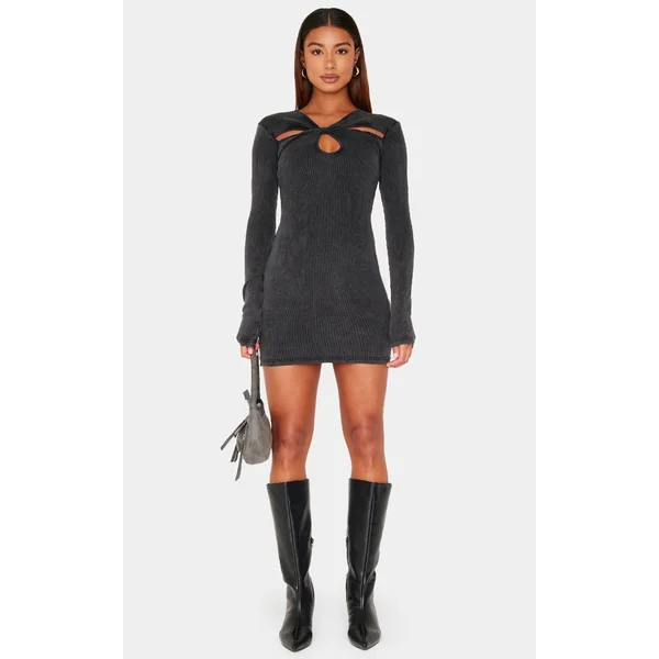 Dark Grey Acid Wash Cut Out Long Sleeve Bodycon Dress