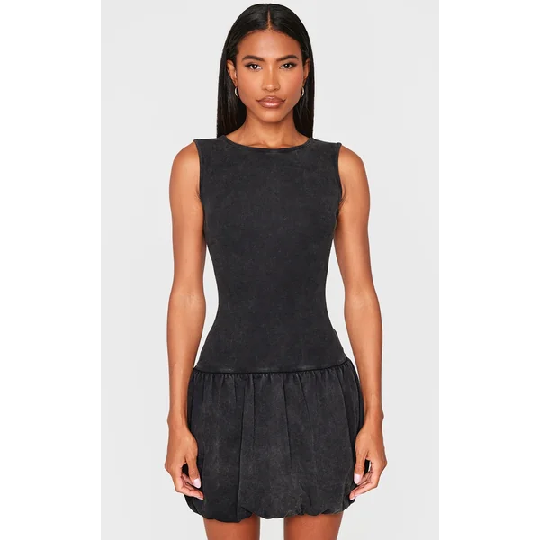 Dark Grey Acid Wash Puffball Dress