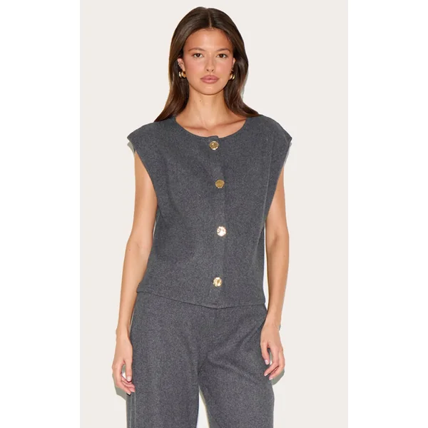 Dark Grey Brushed Rib Gold Hardware Detail Cami Top